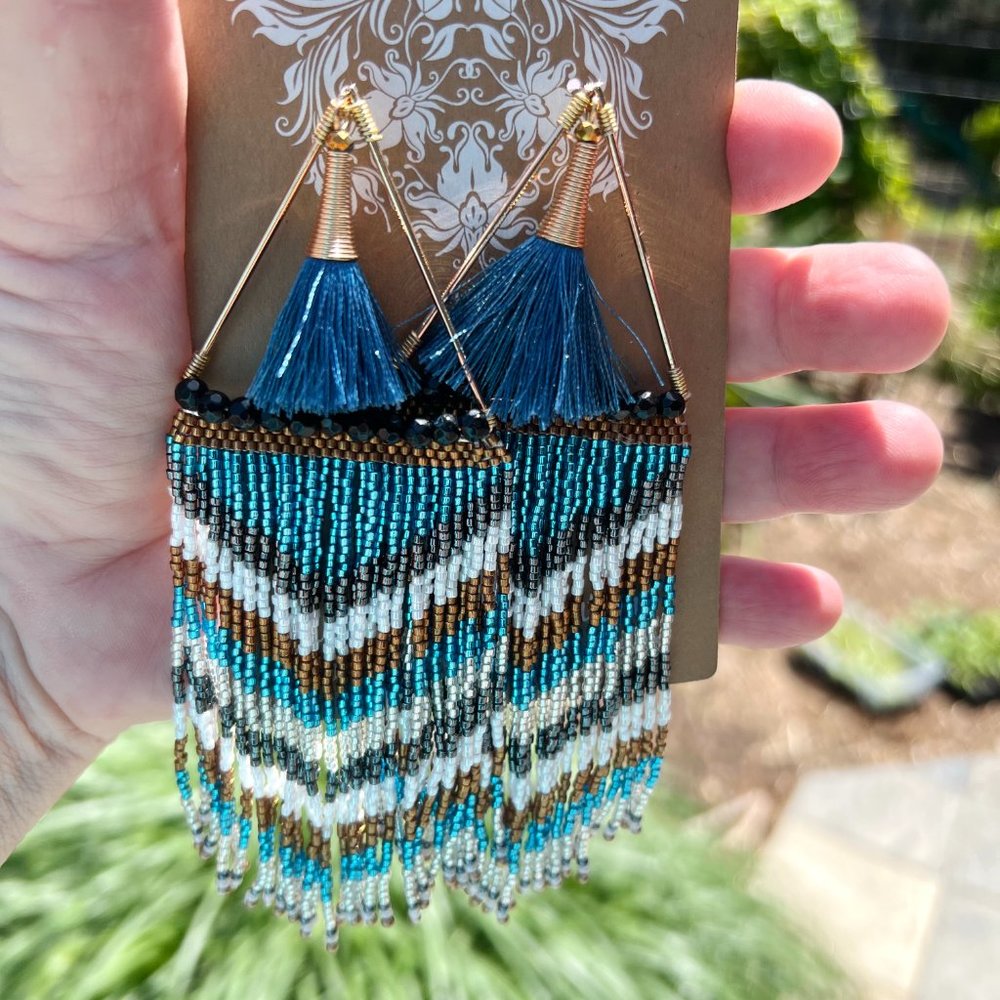 Beaded Fringe Earrings Artisan Handmade Egyptian Long Post Drop Tassel Dangles